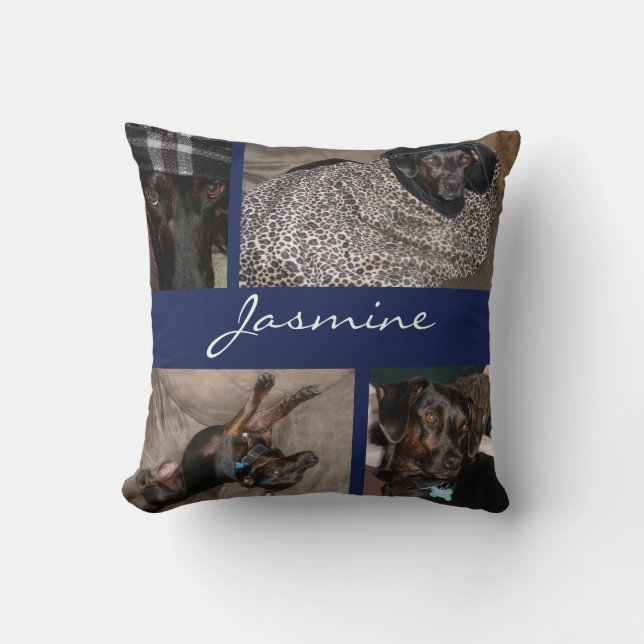 Navy Modern Pet Photo Collage Monogrammed Cushion (Front)