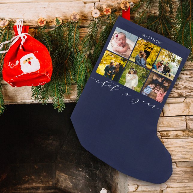 Navy Modern Photo Collage Calligraphy What a Year Small Christmas Stocking (What a year, enjoy this photo stocking with a place to put a name. This is a fun personalized design)