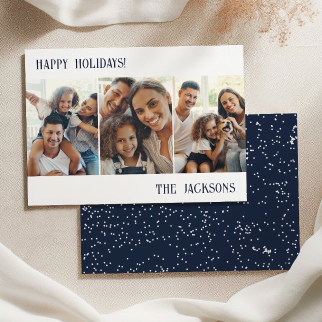 Navy Modern Photo Collage Holiday Card with Snow (Creator Uploaded)