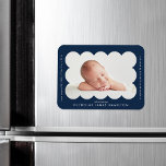 Navy Modern Scalloped Frame Birth Announcement Magnet<br><div class="desc">Modern birth announcement magnet featuring your baby's photo nestled inside of a navy scalloped frame. Personalise the navy birth announcement magnet by adding your baby's name and additional information in white lettering.</div>