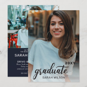 Navy Modern Script Graduate Two Photos Drive By In Invitation