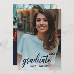Navy Modern Script Graduate Two Photos Drive By Invitation