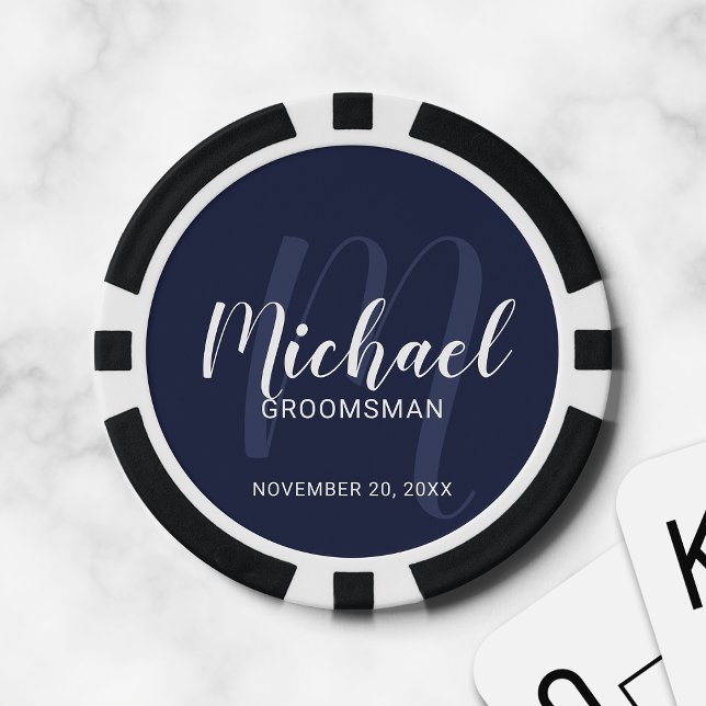 Navy Modern Script Personalised Groomsmen Poker Chips (Creator Uploaded)