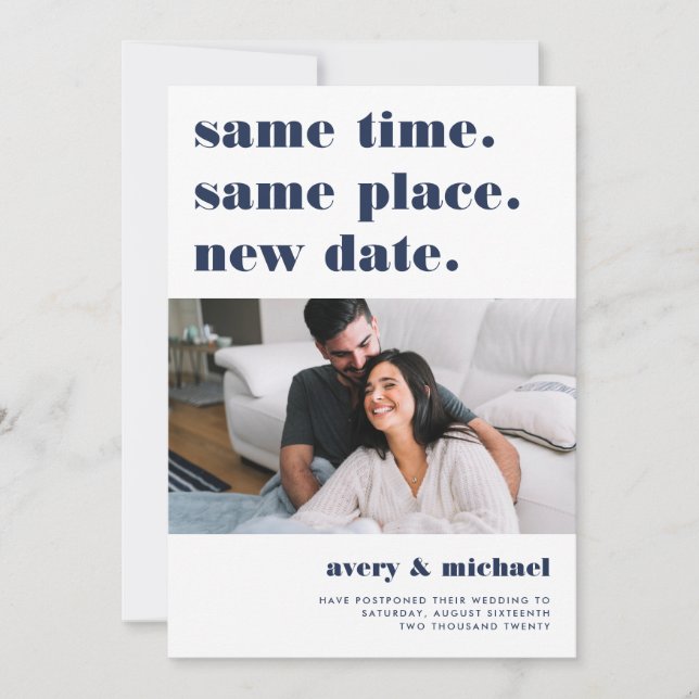 Navy | Modern Wedding Postponement Photo Save The Date (Front)