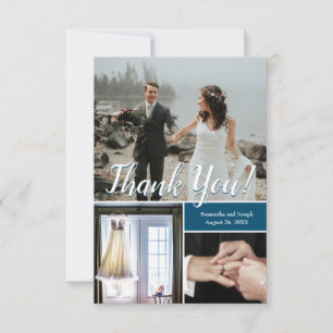 Navy Modern Wedding Script Photo collage Thank you Card