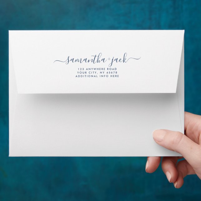 Navy Modern Wedding Script Stylish Return Address Envelope (Hand)