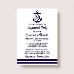 Navy Monogram Anchor Nautical Engagement Party Invitation