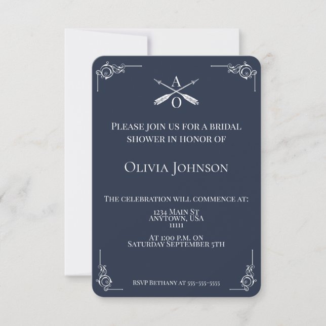 Navy Monogram and Arrows Bridal Shower Invitation (Front)