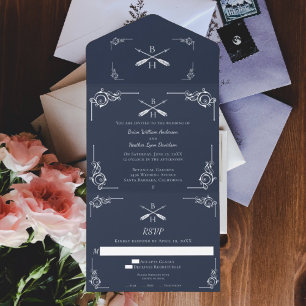 Navy Monogram and Arrows Wedding All In One Invitation