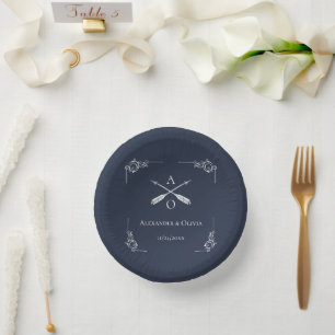 Navy Monogram and Arrows Wedding Paper Bowls Plate