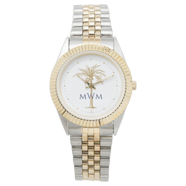 Navy Monogram Artistic Golden Palm Tree Tropical Watch (Front)