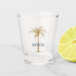 Navy Monogram Artistic Tropical Golden Palm Tree Shot Glass<br><div class="desc">Customise this monogrammed shot glass featuring an artistic golden palm tree and navy blue text with your own special touch. You can change the monogram and palm tree to your favourite colours. Makes a great gift for any occasion.</div>