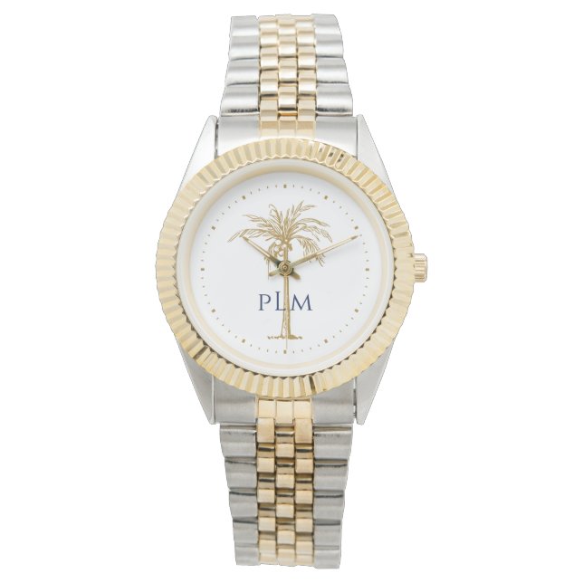 Navy Monogram Artistic Tropical Golden Palm Tree Watch (Front)