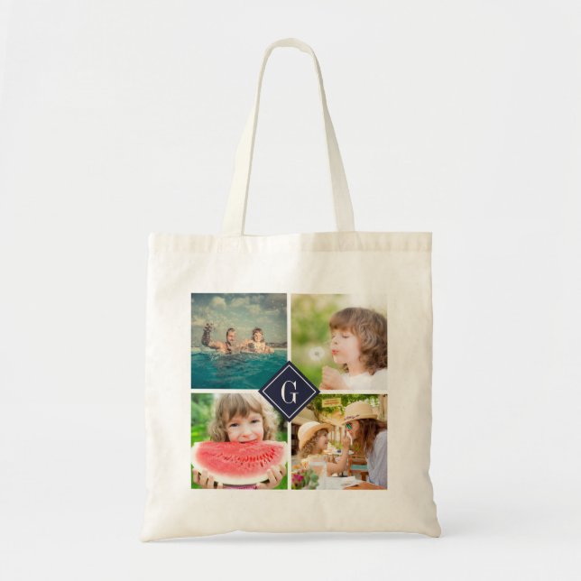Navy Monogram Instagram Photo Collage Tote Bag (Front)
