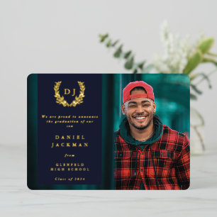 Navy Monogram + Laurel Graduation Announcement