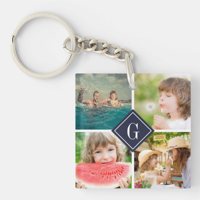 Navy Monogram Photo Collage Key Ring (Front)