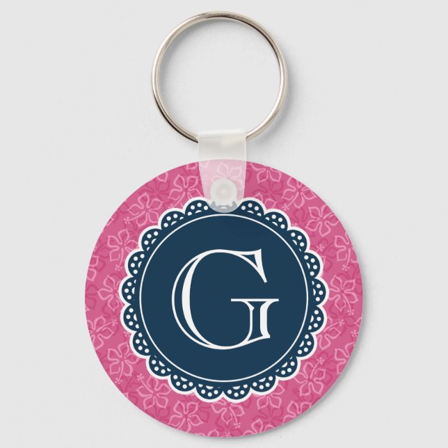 Navy Monogram Pink Hibiscus Pattern Key Ring (Front)