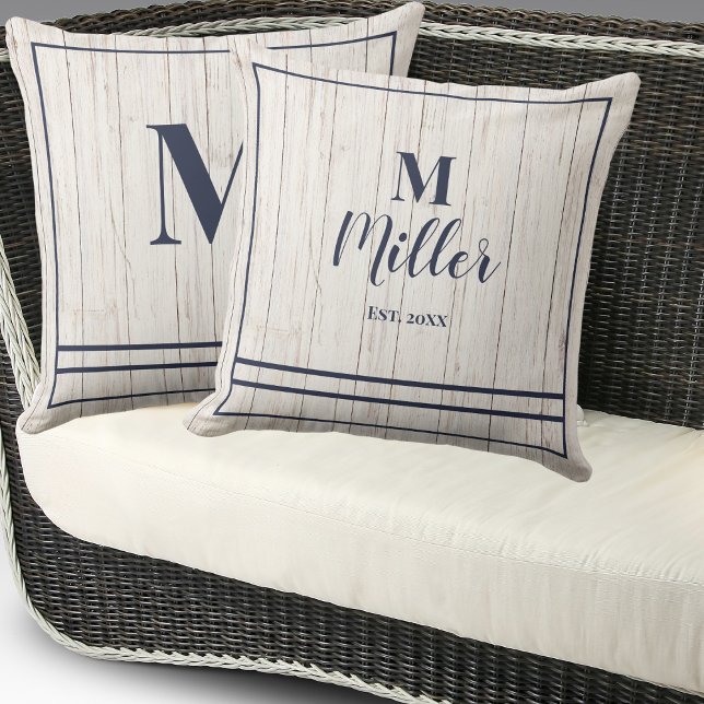 Navy Monogram Rustic Wood Family Beach House Cushion (Creator Uploaded)