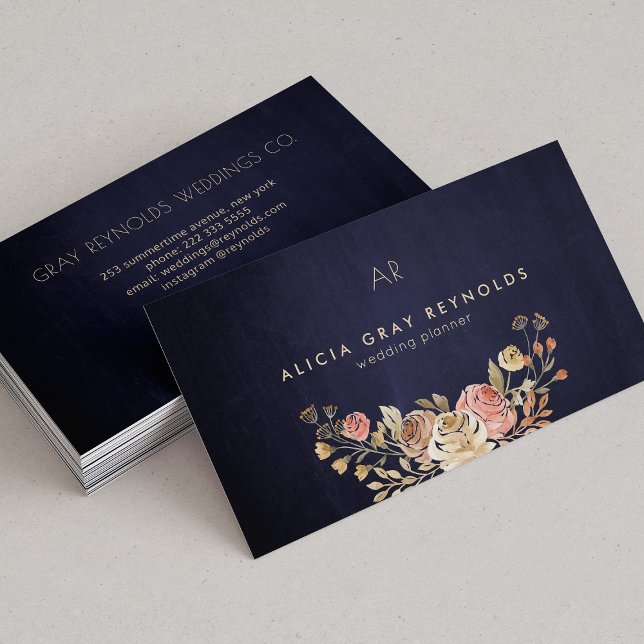 Navy Monogram Watercolor Floral Wedding Planner Business Card (Creator Uploaded)