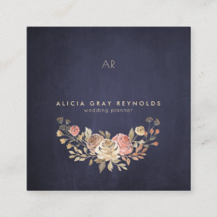 Navy Monogram Watercolor Floral Wedding Planner Square Business Card