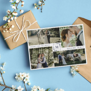 Navy Monogrammed 4 Photo Collage Wedding Thank You Card