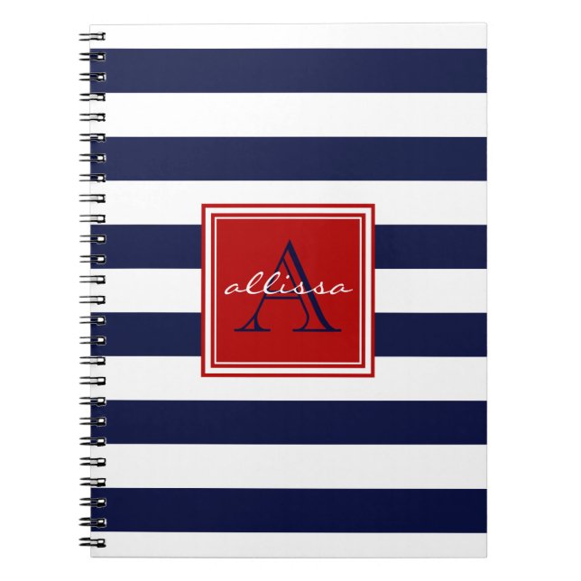 Navy Monogrammed Awning Stripe Spiral Notebook (Front)