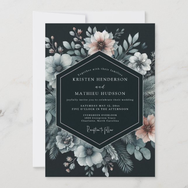 Navy Moody Bloom Wedding Invitation (Front)
