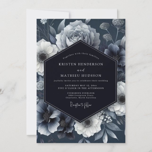Navy Moody Floral Elegance Wedding Invitation (Front)