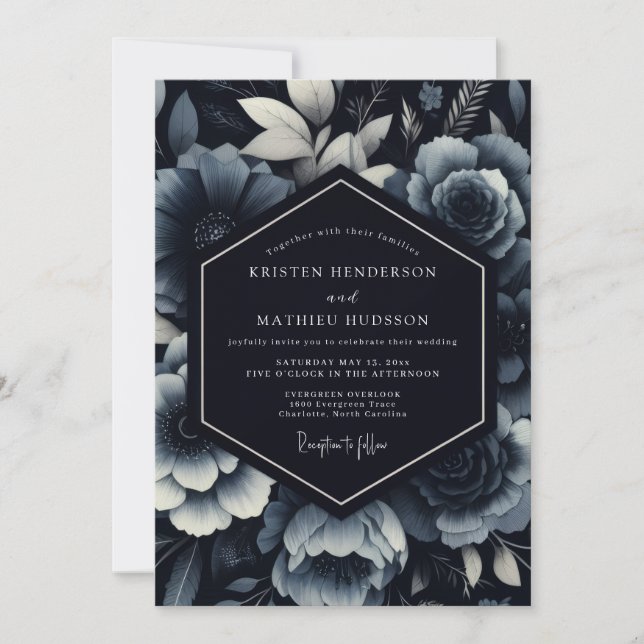 Navy Moody Floral Romance Wedding Invitation (Front)