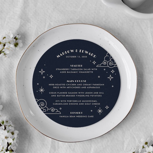 Navy Moon & Stars Celestial Wedding Menu Card (Creator Uploaded)