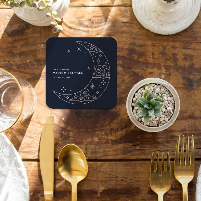 Navy Moon & Stars Celestial Wedding Reception Square Paper Coaster (Creator Uploaded)