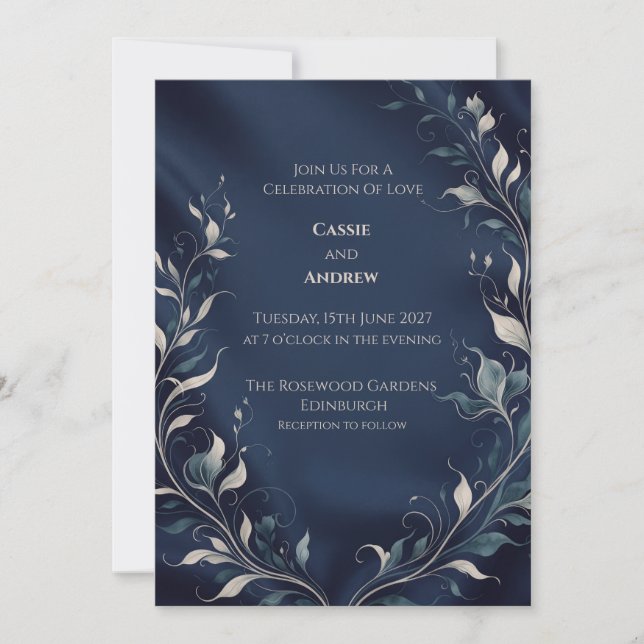 Navy Moonlit Botanical Wedding Invitation (Front)