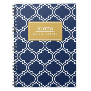Navy Moroccan Pattern Gold Name Template Spiral Notebook