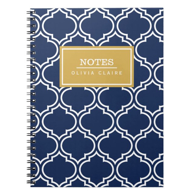Navy Moroccan Pattern Gold Name Template Spiral Notebook (Front)