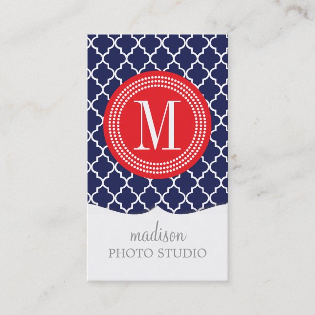 Navy Moroccan Tiles Lattice Personalised Business Card (Front)