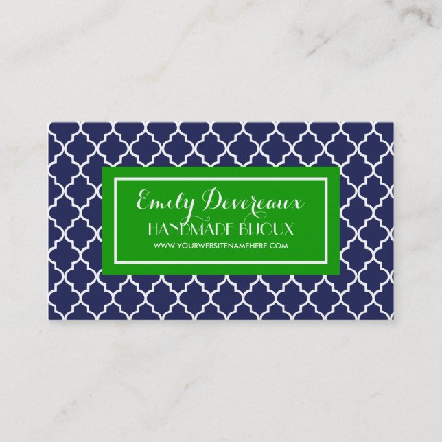Navy Moroccan Tiles Lattice Personalised Business Card (Front)