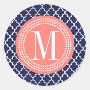 Navy Moroccan Tiles Lattice Personalised Classic Round Sticker