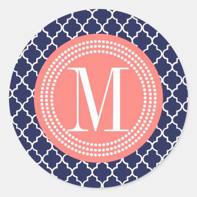 Navy Moroccan Tiles Lattice Personalised Classic Round Sticker (Front)
