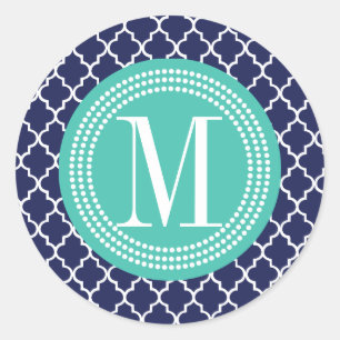 Navy Moroccan Tiles Lattice Personalised Classic Round Sticker
