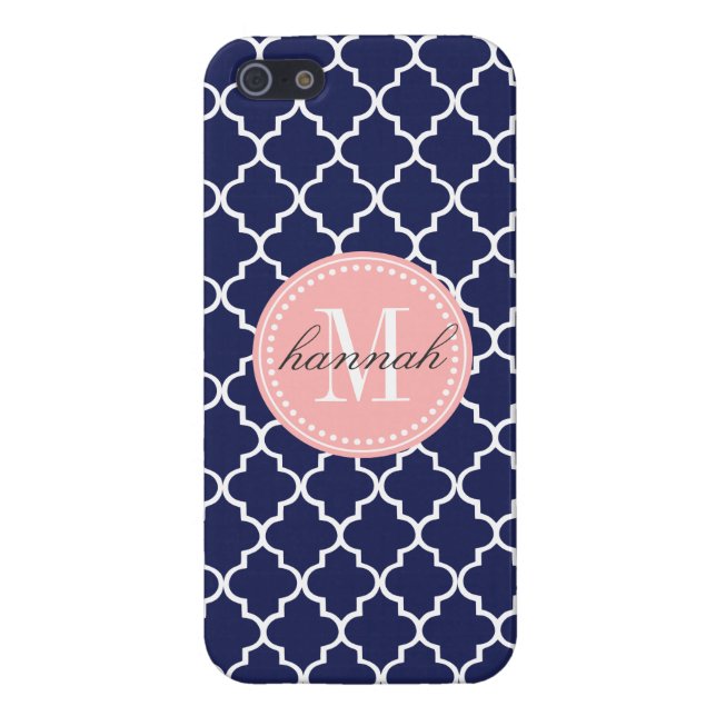 Navy Moroccan Tiles Lattice Personalised iPhone Case (Back)