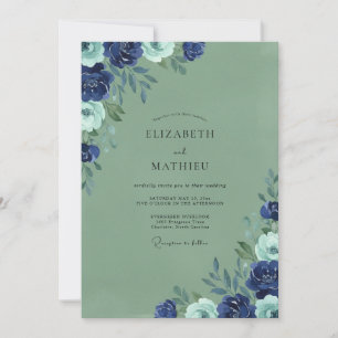 Navy Moss Wildflower Wedding Invitation