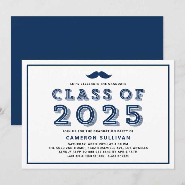 Navy Moustache Retro Graduation Party Invitation (Front/Back)
