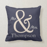 Navy Mr. and Mrs. Couple's Cushion<br><div class="desc">For the Mr. and Mrs., this Couple's pillow features an oversized ampersand with the couple's last name that you can personalise with your name. Shown here in a navy blue background with matching navy blue and white stripes on the reverse side. You can change the navy background colour on both...</div>