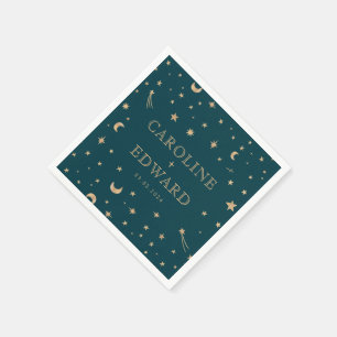 Navy Mystical Gold Stars Moon Astronomy Wedding Napkin