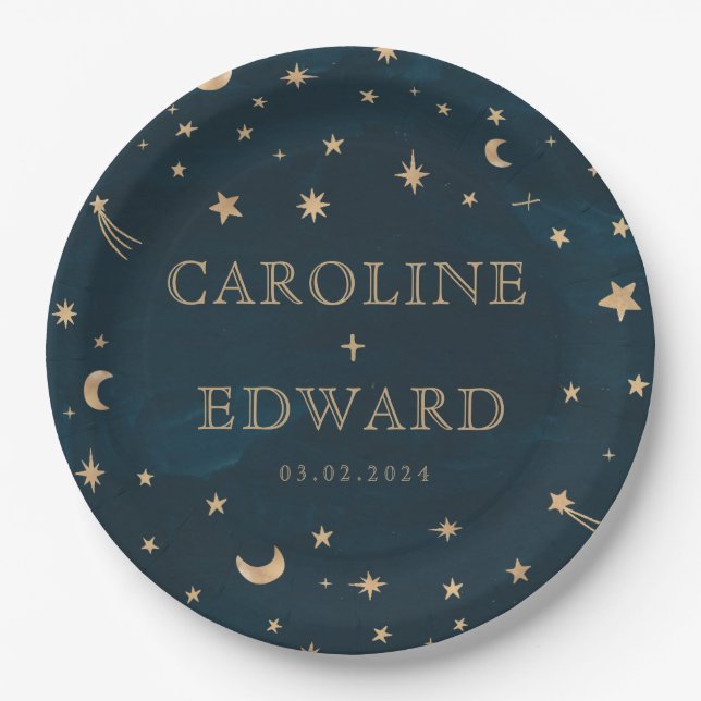 Navy Mystical Gold Stars Moon Astronomy Wedding  Paper Plate (Front)