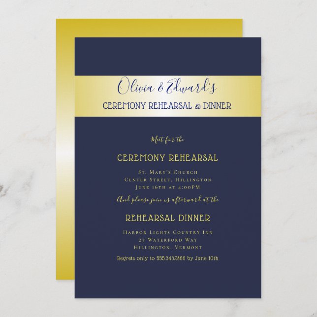 Navy n Gold Elegant Rehearsal Dinner Invitation (Front/Back)