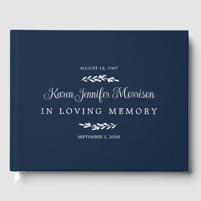 Navy Name In Script Greenery In Loving Memory Guest Book (Front)