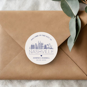 Navy Nashville Skyline   Wedding Welcome  Classic Round Sticker