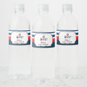 Navy Nautical Ahoy It's a Boy Anchor Baby Shower Water Bottle Label