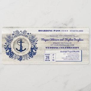 Navy Nautical Anchor Boarding Pass Wedding Ticket Invitation